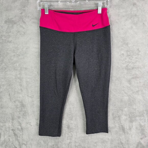 Womens Nike Dri Fit Gray & Pink Capri Leggings Mid Rise Cotton Blend Stretch S - Picture 2 of 10